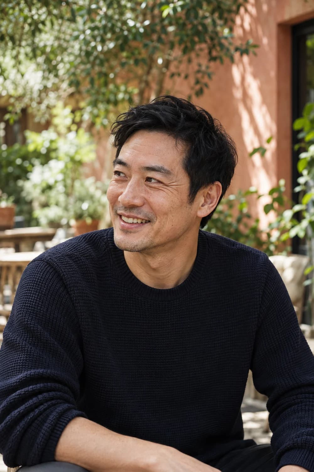 A man smiling during a conversation in a leafy courtyard