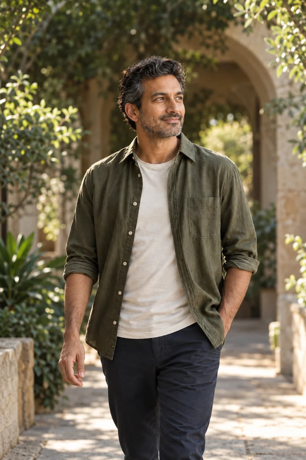 A man taking a relaxed walk through a sunlit courtyard after work